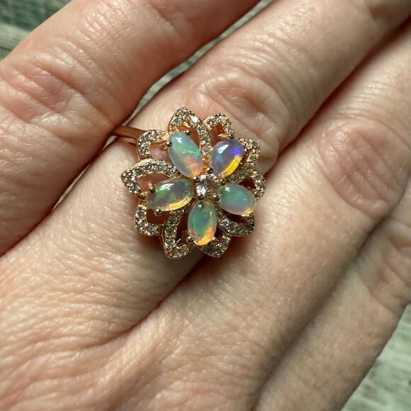 Australian Opal Rose Gold Plated Sterling Silver Flower Ring - Picture 8 of 8